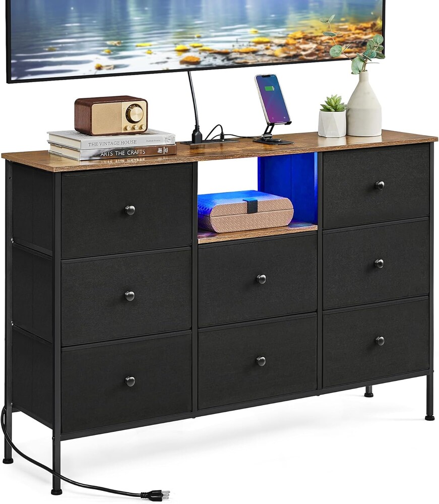 SONGMICS Dresser for Bedroom, Fabric Dresser with Power Outlets and LED Lights, TV Stand for up to 60 Inch TVs, 25 Colors, 11.8 x 47.2 x 31.3 Inches, Ink Black and Rustic Brown ULTS518B01
