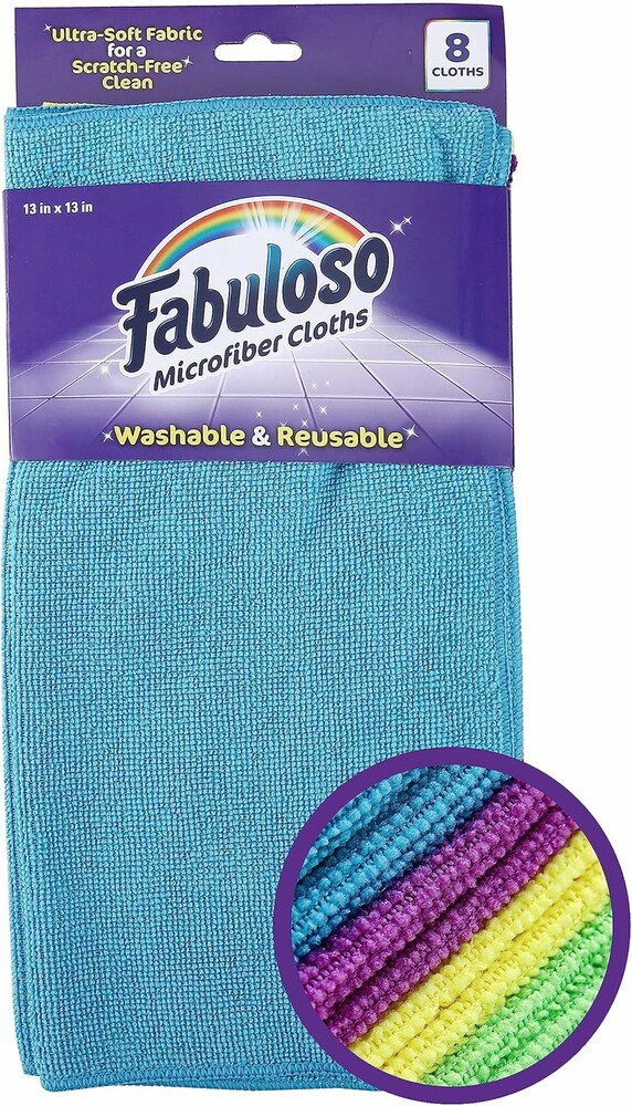 Fabuloso Microfiber Cleaning Cloths for Home & Car, Lint-Free Scratch-Free Rags for Glass, Kitchen & Wood, Reusable Machine Washable, Absorbent for Dusting & Wiping, Rainbow, 13 x 13 in, 8 Count