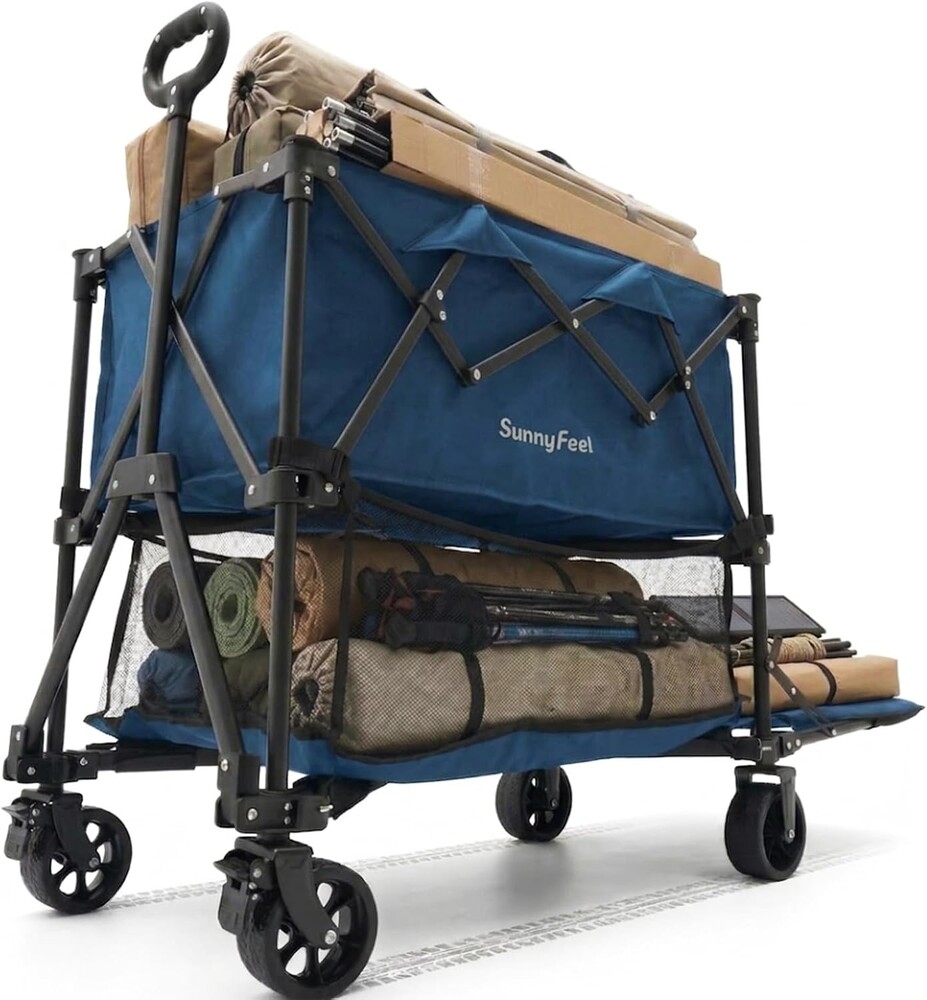 SUNNYFEEL Lightweight 47''L Double Decker Wagon for Sport, 270L Collapsible Wagon Cart,331lbs Collapsible Outdoor Utility Wagon Cart for Shopping Garden Camping,Blue-Lightweight