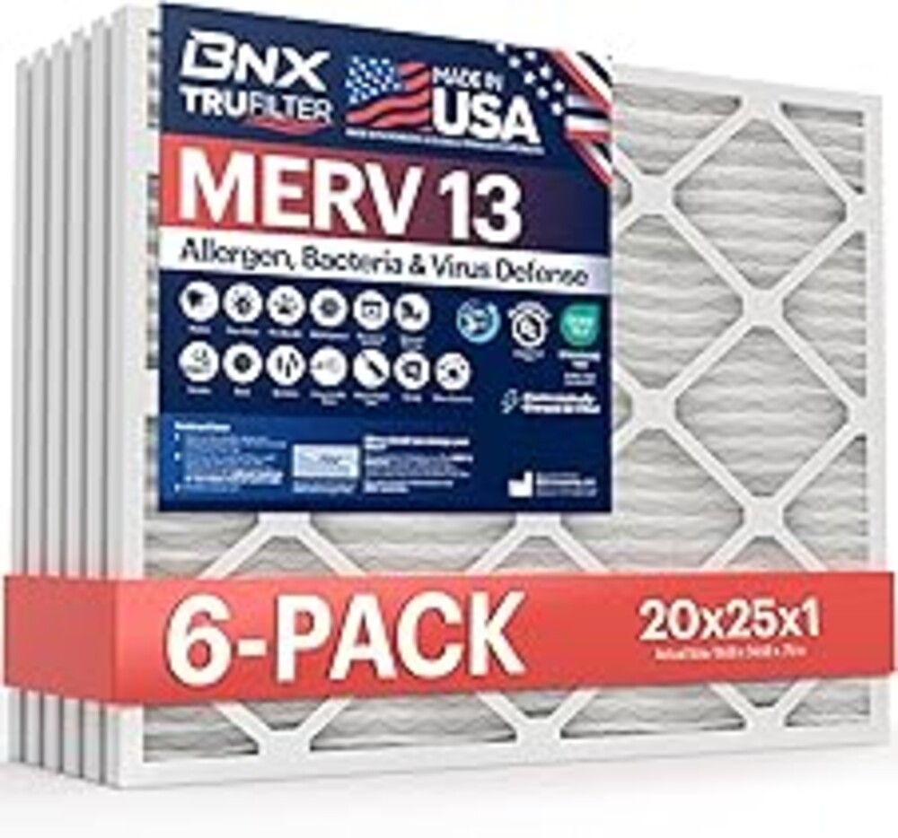 BNX TruFilter 20x25x1 Air Filter MERV 13 (6-Pack) - MADE IN USA - Electrostatic Pleated Air Conditioner HVAC AC Furnace Filters for Allergies, Pollen, Mold, Bacteria, Smoke, Allergen, MPR 1900 FPR 10