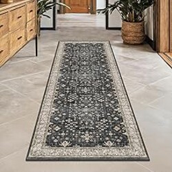 Black Boho Washable 2x6 Runner Rugs for Hallway Kitchen Bedroom Beside Laundry Room Bathroom Rug, Pet & Kids Friendly, Non Slip Low Pile Stain Resistant Soft Foldable Long 24 x 72 Floor Carpet