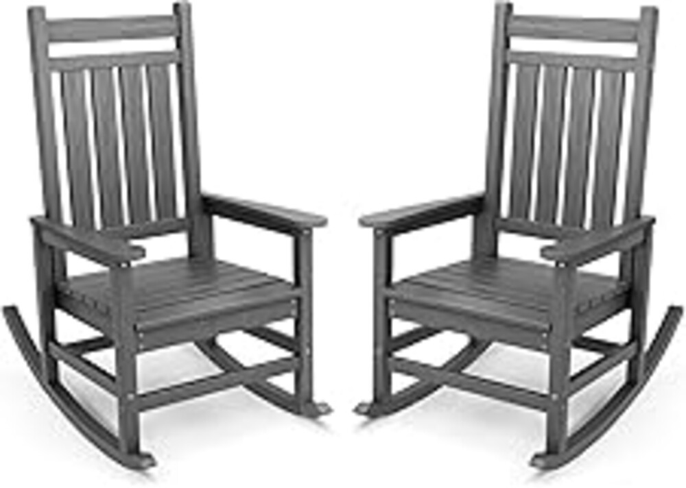 SERWALL Outdoor Rocking Chair Set of 2, HDPE Rocking Chairs for Adult, All Weather Porch Rockers for Lawn Garden, Grey