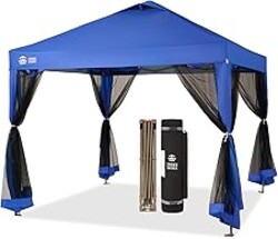 CROWN SHADES Gazebo 10x10 Pop Up Canopy with Mosquito Netting, Screen Tent with 4 Ropes, 8 Stakes, 4 Sandbags and Wheeled Storage Bag, Canopy for Patio & Backyard Parties,Camping&Events -(Blue)
