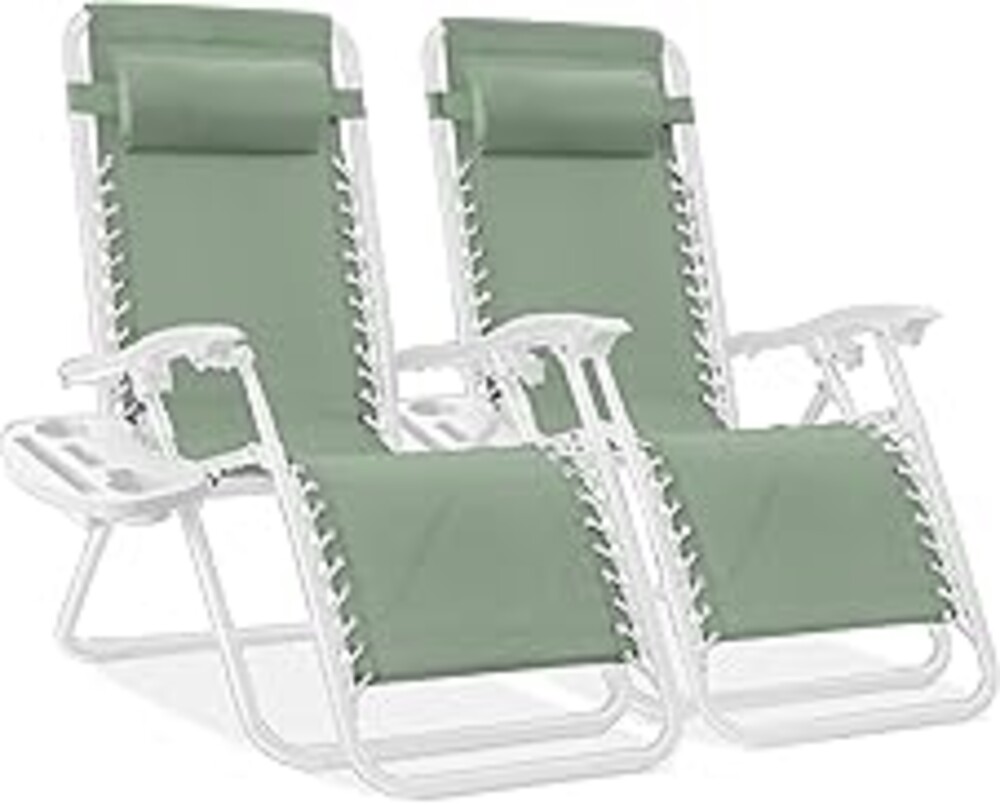 Best Choice Products Set of 2 Adjustable Steel Mesh Zero Gravity Lounge Chair Recliners w/Pillows and Cup Holder Trays - Sage Green/White