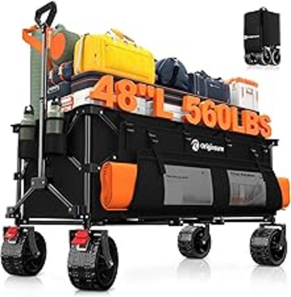 48" L Collapsible Wagon Cart Foldable, 560lbs Weight Capacity 300L Heavy Duty Folding Beach Wagons with Big All-Terrain Wheels, Utility Carts for Groceries, Shopping, Camping, Sports - Black