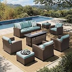 HERA'S HOUSE Swivel Glider Patio Furniture Set, Outdoor Sectional Conversation Sets with 56" Fire Pit Table, 8 Pieces 9 Seats Outside Sofa for Lawn Deck Backyard, Blue