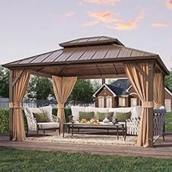YOLENY 10' x 12' Hardtop Gazebo, Metal Gazebo with Aluminum Frame, Double Galvanized Steel Roof, Curtains and Netting Included, Pergolas for Patios, Garden, Parties, Lawns