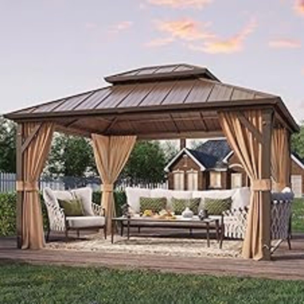 YOLENY 10' x 12' Hardtop Gazebo, Metal Gazebo with Aluminum Frame, Double Galvanized Steel Roof, Curtains and Netting Included, Pergolas for Patios, Garden, Parties, Lawns