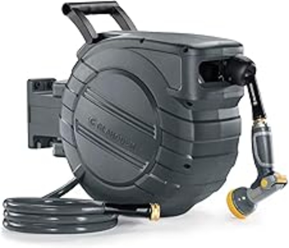 GLAHODEN Retractable Garden Hose Reel 1/2 in x 100 ft, 2025 Upgraded Dual Ratchet Lock UV & Freeze Protection Brass Seal Slow Retraction Anti-Tangle Hose 180°Swivel Reinforced Scaffold Wall Mount