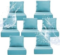 Artfurniz 6" Thicker Outdoor Chair Cushion 7 Sets - 24" *24" *6" Waterproof Patio Furniture Cushions with Removable Cover, 28D High Density Sponge Filling Thicken Outdoor Patio Cushions - Turquoise