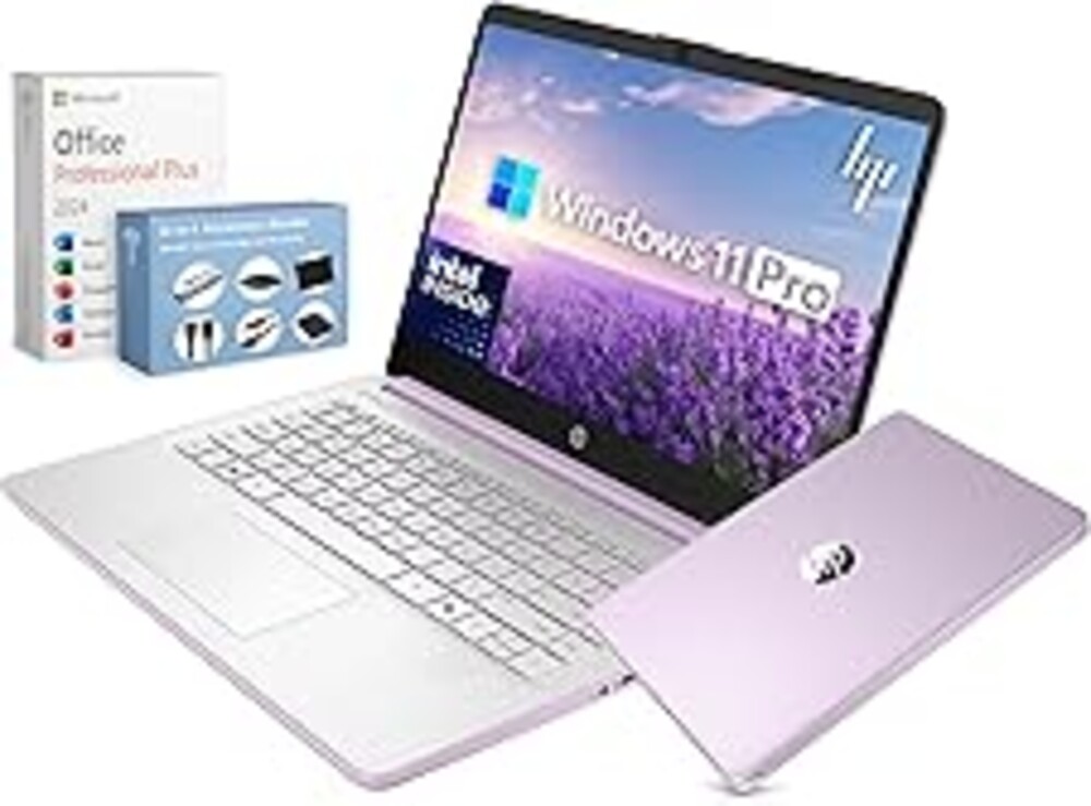 HP 14” Ultra Light Thin Laptop Computer 2026 Premium, MS Office, Copilot AI, 4-Core Intel CPU, 4GB DDR5 RAM, 628GB Storage (128GB UFS+500GB Ext), Long Battery, MarxsolAccessory, Win 11 Pro, Lavender