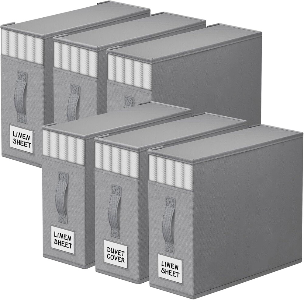 StorageTastic 6 Pack Bed Sheet Closet Organizers and Storage,Sturdy Foldable Storage Containers with Window and Label,Storage and Organization for Bedding Sheets,Duvet Covers,Blankets (Grey)