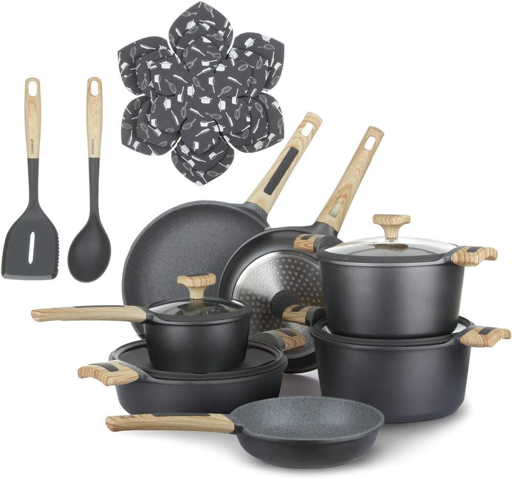 KASANOVA 16-pcs cookware set Nonstick, Induction pots and pans, Aluminum pans for cooking with glass lids, kitchen tools and pan protectors, PFOA-free (16 piece)