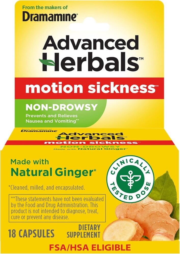 From the Makers of Dramamine, Advanced Herbals with Natural Ginger, for Nausea Relief, Morning Sickness Relief & Motion Sickness Relief During Travel, 18 Capsules