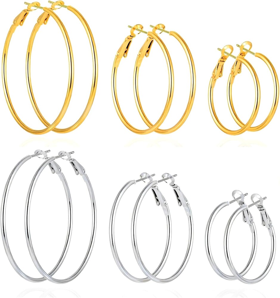 6 Pairs Gold Silver Hoop Earrings for Women 14K Gold Plated 316 Hypoallergenic Stainless Steel Lightweight Large Small Hoops Women Earrings 30/40/50mm Set
