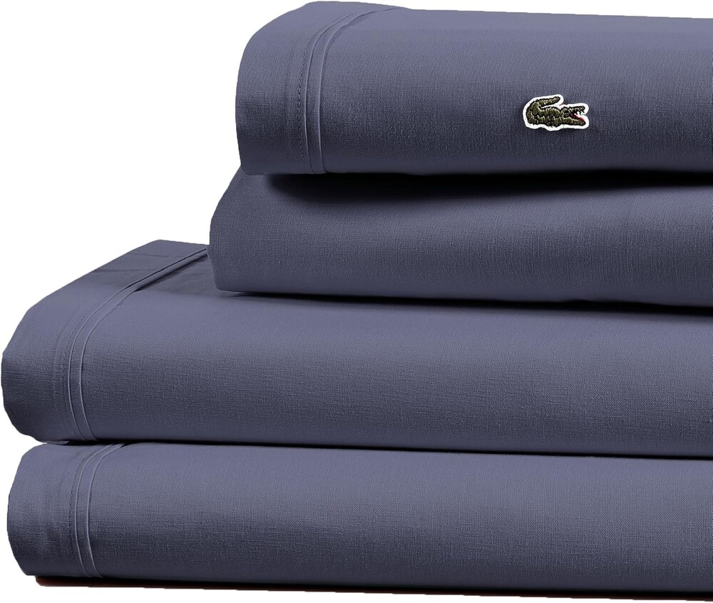 Lacoste 100% Cotton Percale 4-Piece Sheet Set – Cool, Crisp, Matte, and Durable, Oeko-Tex Certified – Solid, Vintage Indigo, Queen