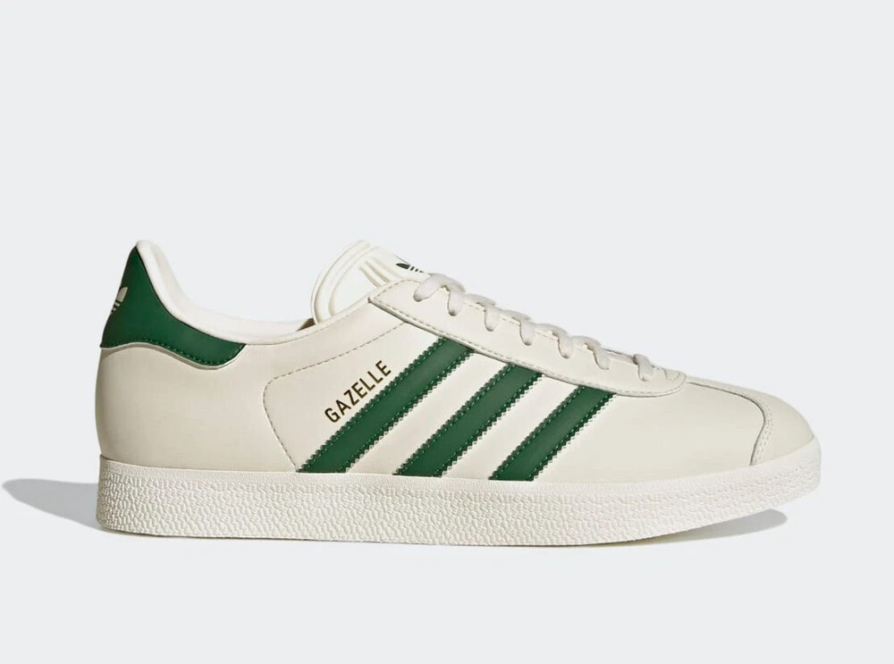 Adidas Gazelle Mens Sz 9 Leather Shoes Cloud White/Dark Green/Gold  ID6114 NEW