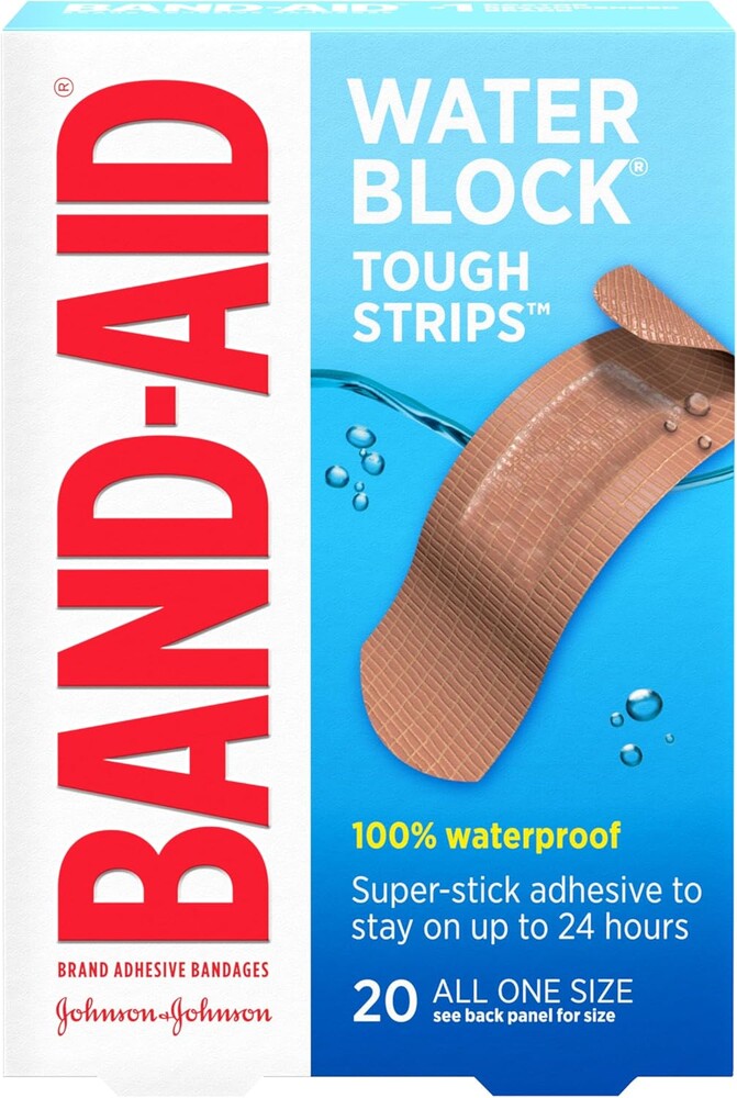 Band-Aid Brand Water Block Waterproof Tough Adhesive Bandages for First Aid Wound Care, Durable Waterproof Bandages to Protect Minor Cuts, Burns & Scrapes, Quilt-Aid Pad, One Size, 20 ct