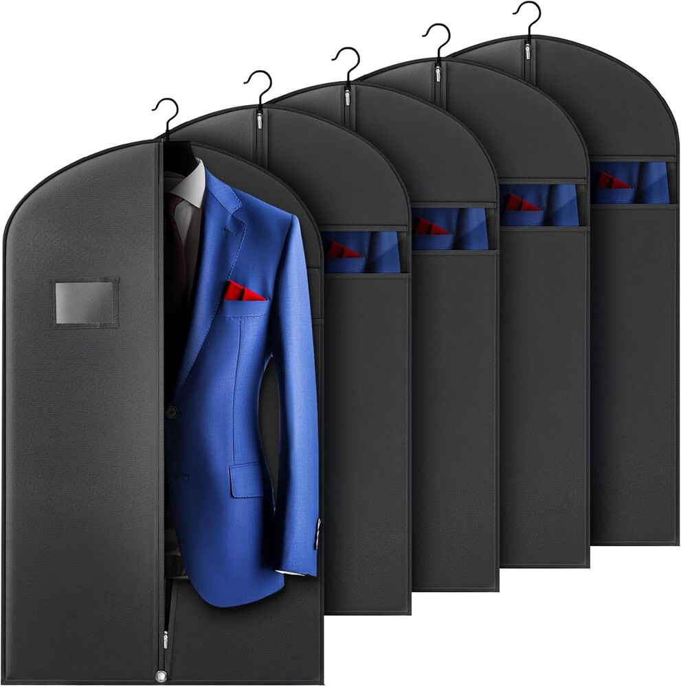 Hleelomi 5 Pack 40-inch Suit Bag Garment Bag for Travel and Storage, Garment Bags for Hanging Clothes with Zipper and Visible Transparent Window, Black