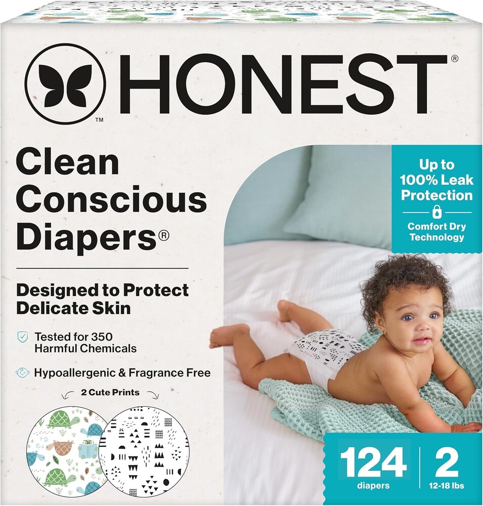 The Honest Company Comfort Dry Disposable Diapers for Sensitive Skin, Hypoallergenic, Barnyard Babies + Pattern Play, Super Club Box Size 2 (12–18 lbs), 124 Count