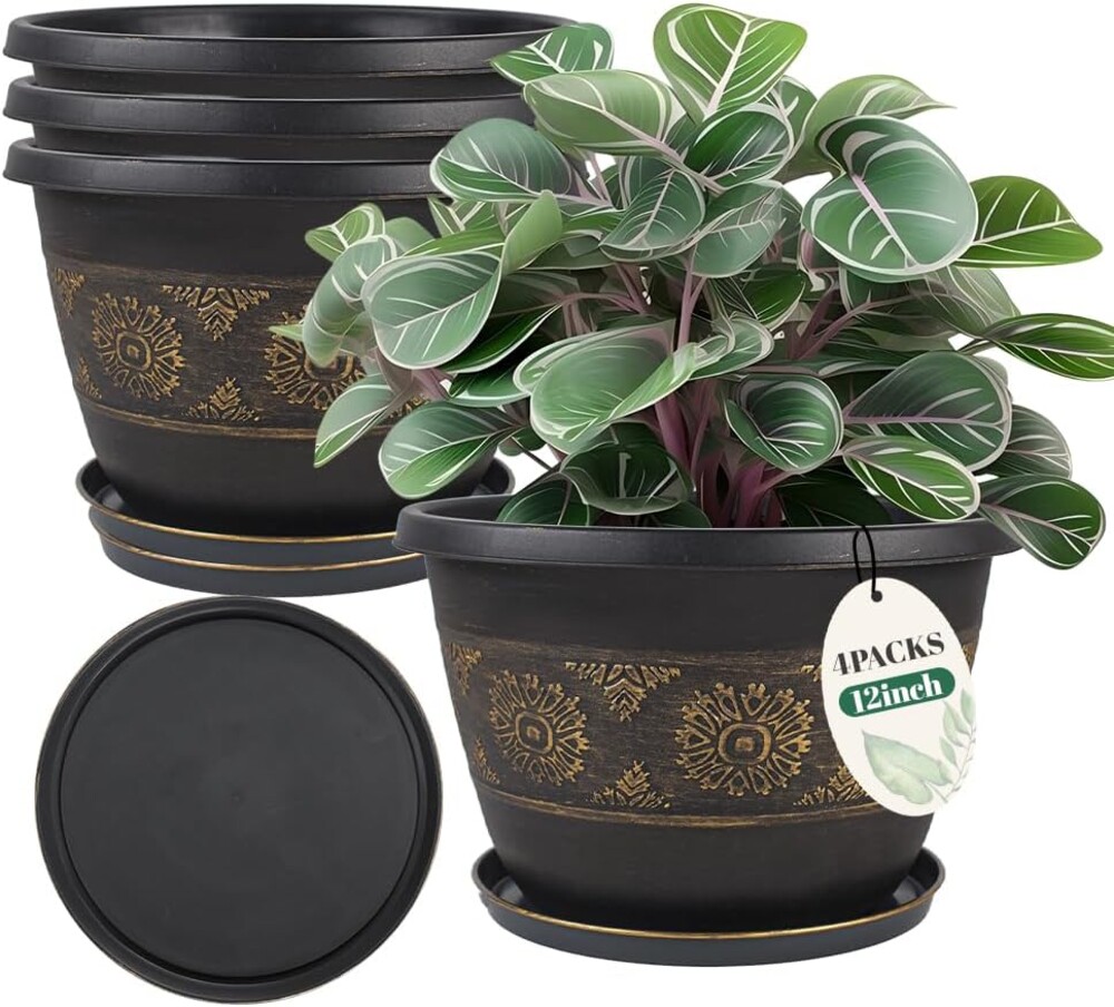 Usocik 4 Pack 12 inch Plant Pots, Retro Pattern Planters with Drainage Holes and Saucer, Sturdy Plastic Garden Flower Pots for Indoor & Outdoor Plants