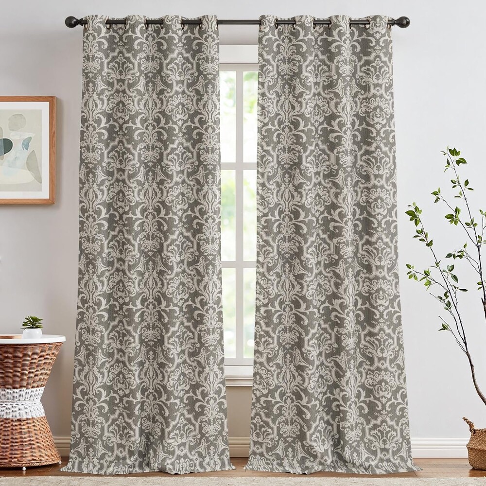 jinchan Room Darkening Curtains for Bedroom Grey Damask Patterned Curtains 96 Inch Length for Living Room Linen Textured Vintage 8FT Long Drapes Medallion Window Treatments Grommet Top 2 Panels Set