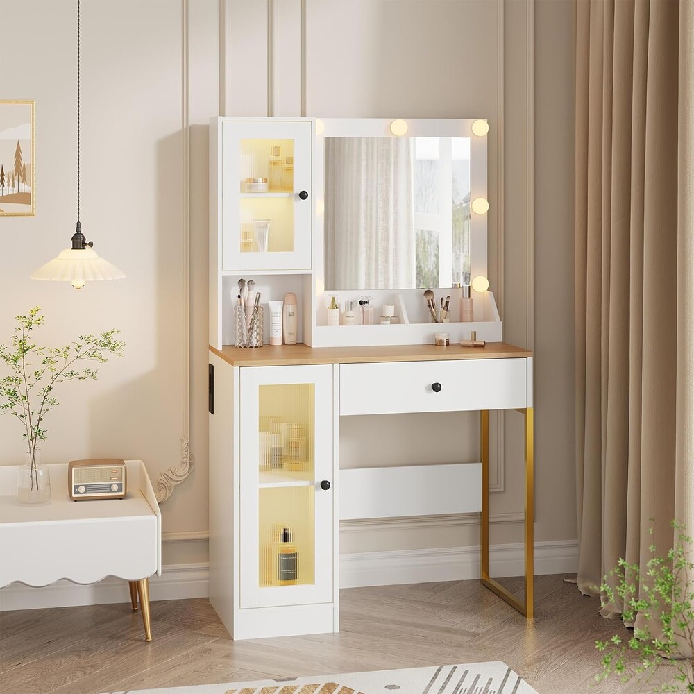 IDEALHOUSE Makeup Vanity Desk with Mirror and Lights, Vanity Table with Charging Station, 2 Open Compartments, 2 Acrylic-Door Cabinets, and RGB Lights Wood Dressing Table for Bedroom