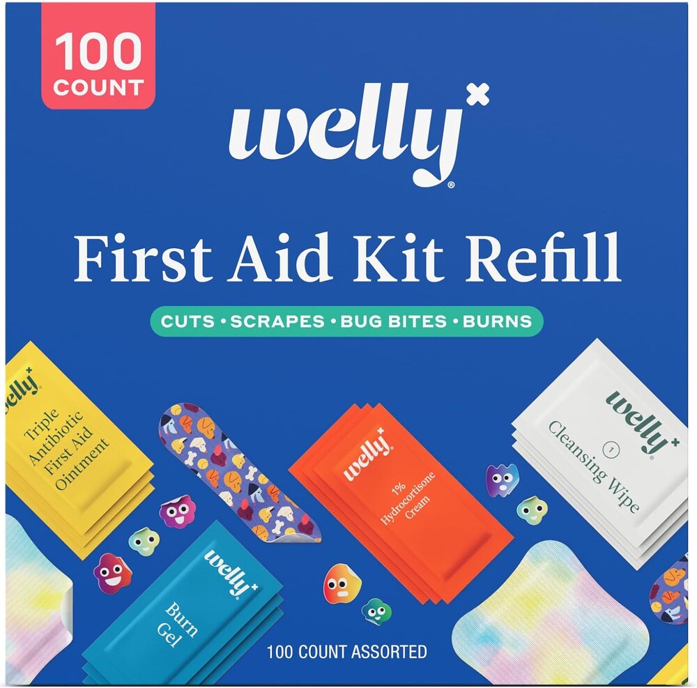 Welly First Aid Kit Refill Carton | Includes Individual Bandages, Cleansing Wipes, Antibiotic Packets, Burn Gel, Hydrocortisone Cream, and Bug Bite Relief Patches | 100 ct