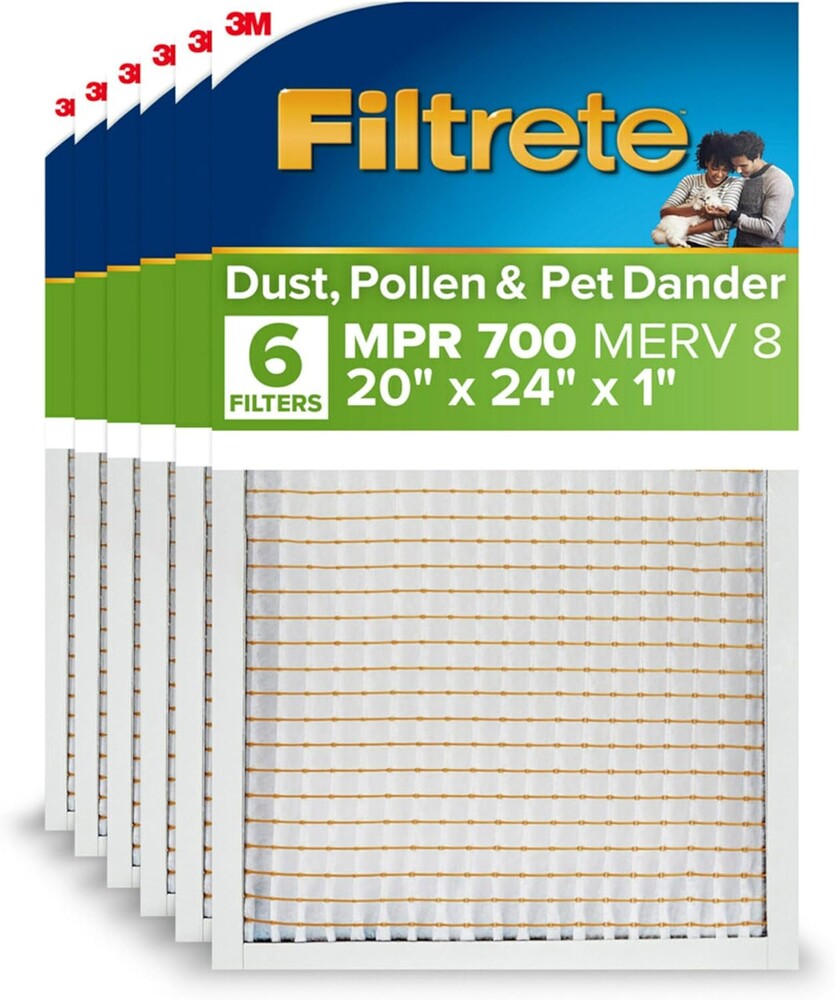 Filtrete 20x24x1 AC Furnace Air Filter, MPR 700, MERV 8, Tough on Pollen, Easy on Airflow, 3-Month Pleated 1-Inch Electrostatic Air Cleaning Filter, 6-Pack (Actual Size 19.81 x 23.81 x 0.81 in)