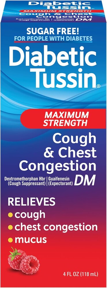 Diabetic Tussin DM Maximum Strength Cough Medicine for Adults, People with Diabetes – No Sugar, Dyes, Sodium, Fructose or Alcohol – Berry Flavored Cough Syrup, 4 Fl Oz