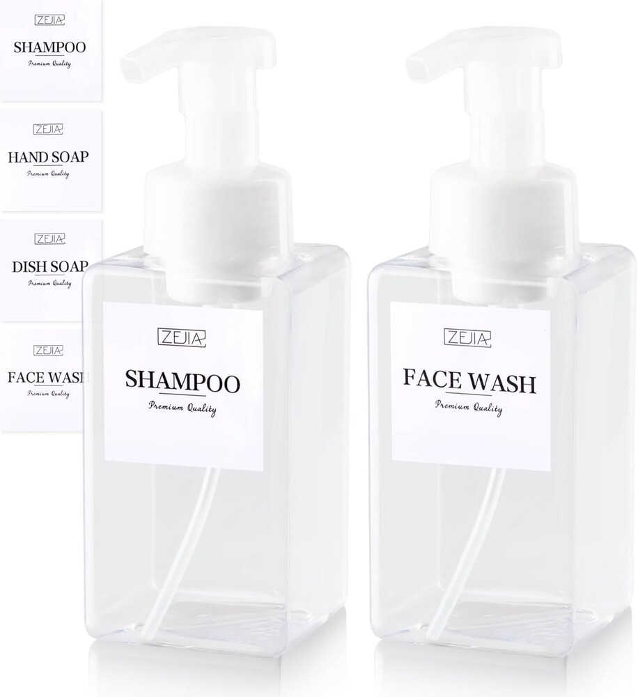 ZEJIA 15OZ Foaming Soap Dispenser, 2-Pack Plastic Hand Soap Dispenser, Refillable Leakproof Foam Pump Bottle with Waterproof Labels, for Shampoo, Body Wash