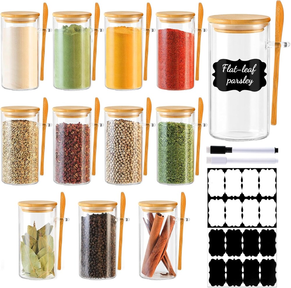 TBWIND 12 Pack 10 oz Round Glass Spice Jars with Lids and Spoons – Airtight Small Spice Containers Set with Labels, Clear Glass Storage Jars for Seasoning, Spices, Kitchen Pantry Organization