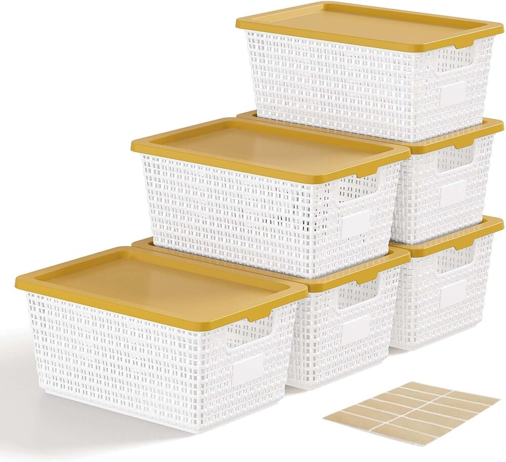 EOENVIVS Storage Bins Bakets with Lids 6 Pack, Stackable Organizer Bins for Small Spaces, Pantry, Closet & Bathroom, Secure Snap Lids, 11x7x5 Plastic Storage Containers for Shelf Organization, White