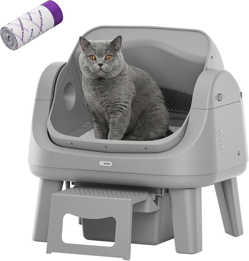 PetPivot Open Top Self Cleaning Cat Litter Box, Automatic Litter Box with 7 Pairs of Safety Sensors, Anti-Pinch Protection and Easy Access Step for Senior Cats, Dark Grey