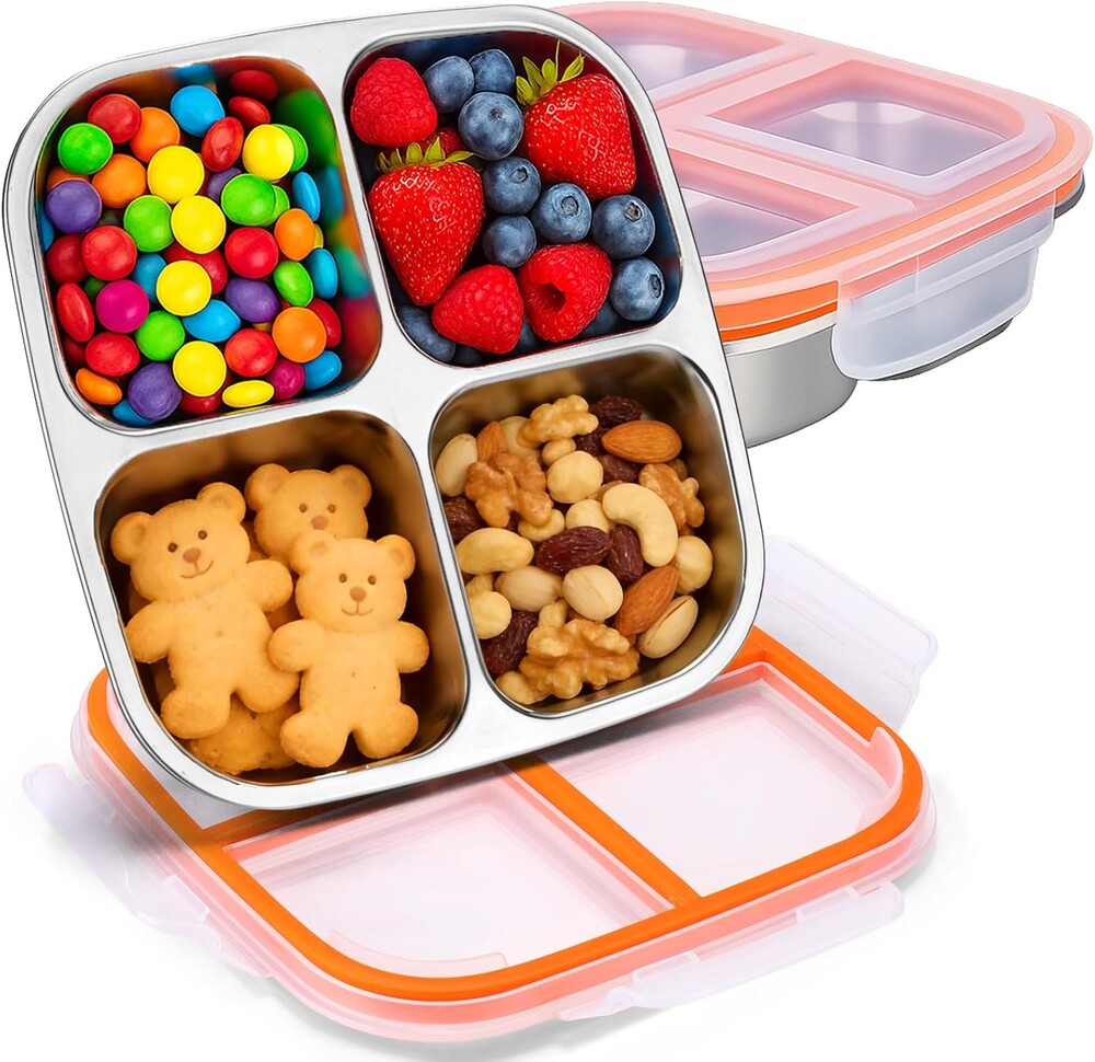 Palksky Snack Box Stainless Steel, 2PCS 4 Compartments Reusable Snackle Box Containers with Lids, Bento Snack Boxes for Home, Travel, Picnic, Camping