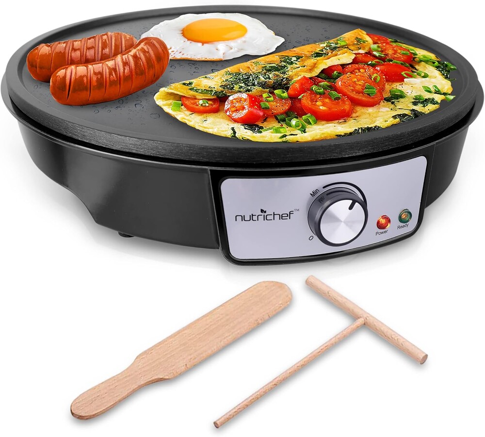 NutriChef Electric Griddle & Crepe Maker | Nonstick 12 Inch Hot Plate Cooktop | Adjustable Temperature Control | Batter Spreader & Wooden Spatula | Used Also For Pancakes, Blintzes & Eggs