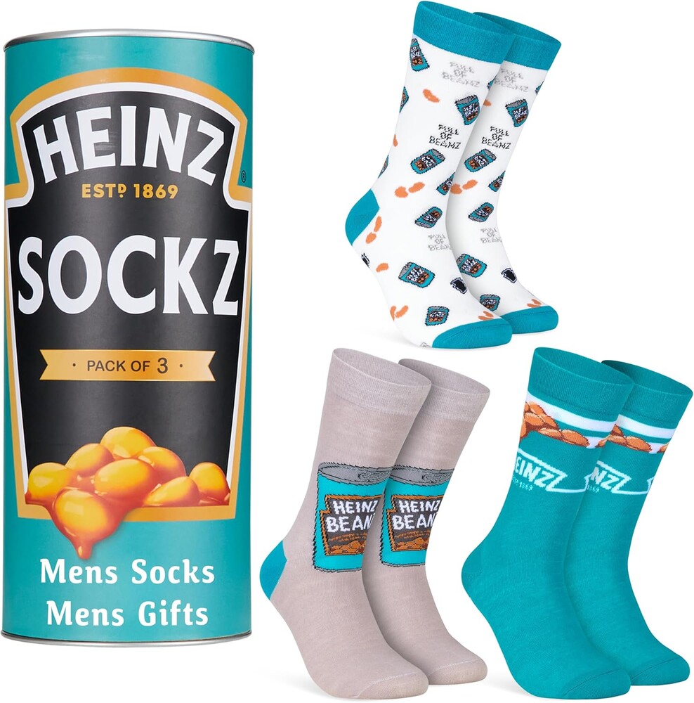 Heinz Socks for Men Teens, Pack of 3 Ketchup Baked Beans Crew Socks in Can, Soft Breathable Size 9–12, Funny Gifts for Him (Teal Beans)