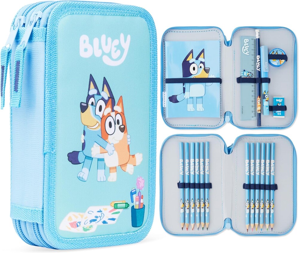 Bluey Filled Pencil Case for Kids with 2 Compartments, Stationery Included - Primary School Supplies