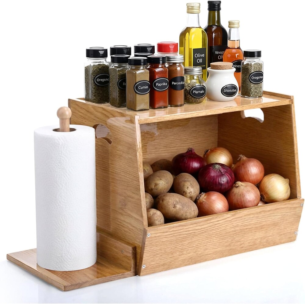 Wooden Potato and Onion Storage Bin for Kitchen with Paper Towel Holder Fruit Vegetable Storage Basket Pantry Organizers for Potato Onion Garlic Fruit Vegetable Produce Bread(Wood,Side)