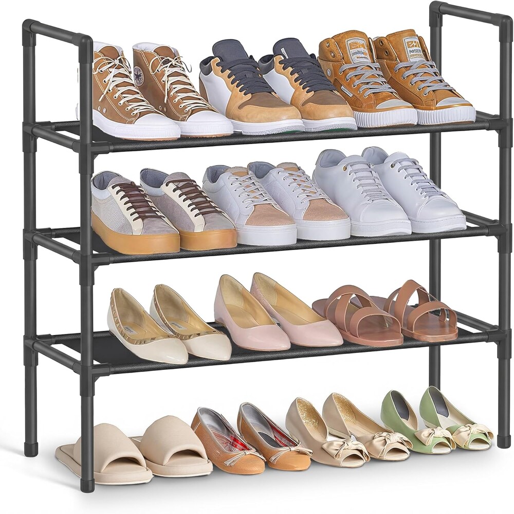 SONGMICS 3-Tier Shoe Rack, Shoe Storage for Hallway Closet, Slim and Space-Saving, Metal Frame, Non-Woven Fabric Shelves, Black ULSH043BH01