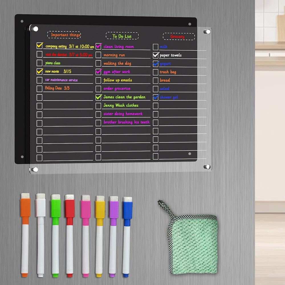 YNGRUE Acrylic Magnetic Dry Erase Board for Fridge - 12"x10"Magnetic to Do List Set w/Clear Acrylic Panel+Black Backing, Refrigerator Grocery Board w/8 Markers&Towel for Teens Adult Family Kids