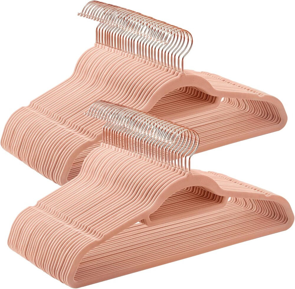 SONGMICS Velvet Hangers, Set of 60 Clothes Hanger with Rose Gold Swivel Hook, Non-Slip, and Space-Saving, 0.2-Inch Thick, 17.1-Inch Long for Coat, Shirt, Dress, Pants, Tie, Coral Pink UCRF0021R01