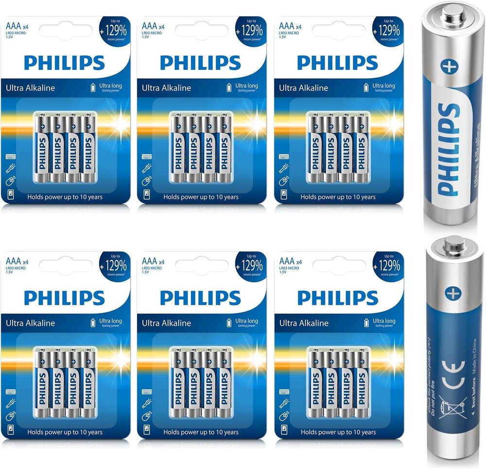 Philips AAA Batteries 24 Pack Alkaline Triple A Battery 1.5V Ultra Long Lasting 3A Batteries for All Your Devices-10-Year Shelf Life (Non-Rechargeable)