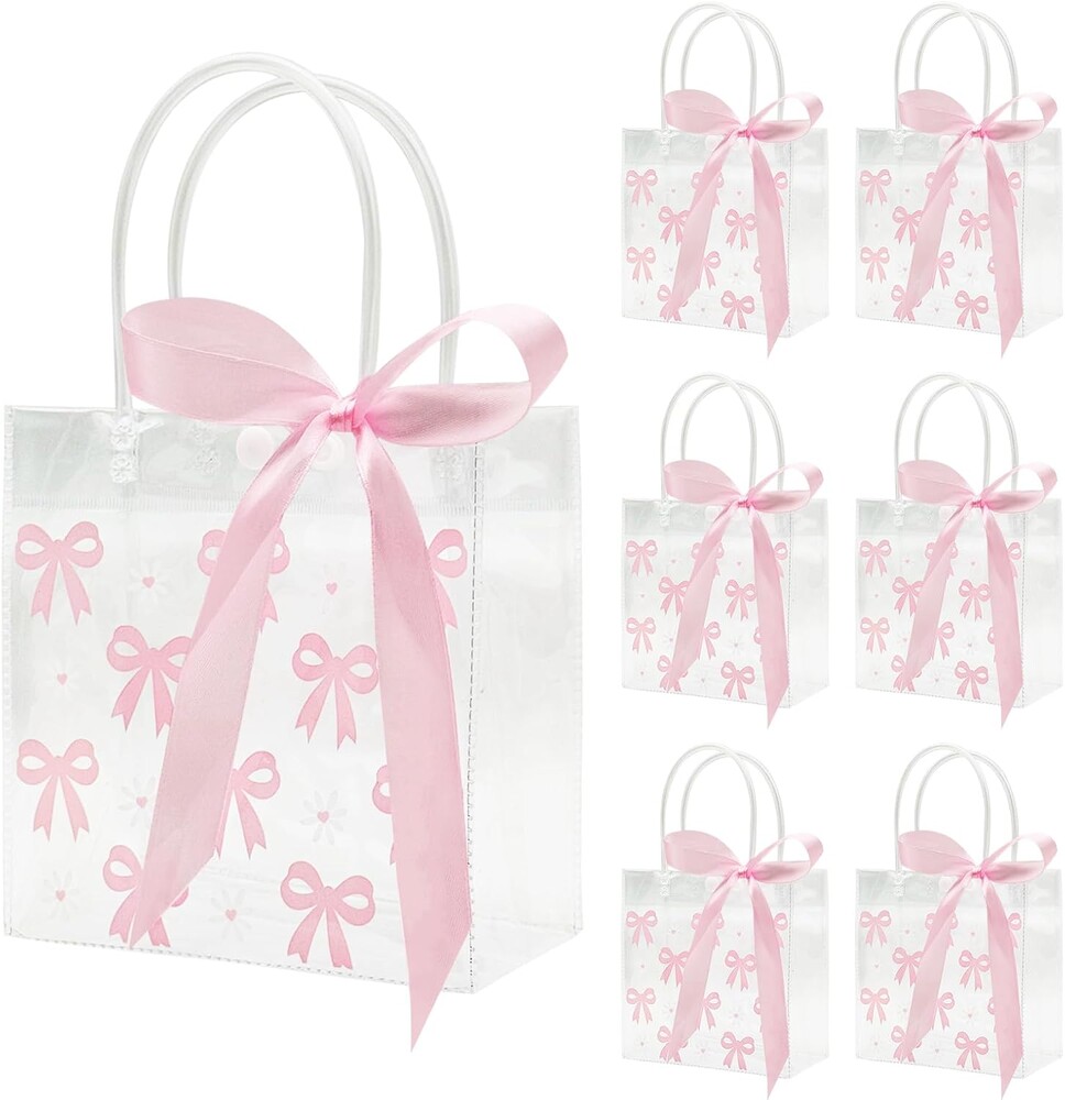 Slomg 12 Pack Pink Bow Clear Plastic Gift Bags with Handles, PVC Ribbon Coquette Bowknot Goodie Treat Tote Bags, Reusable Holidays Candy Gift Wrapping Bags for Wedding Birthday Baby Shower Party Favor