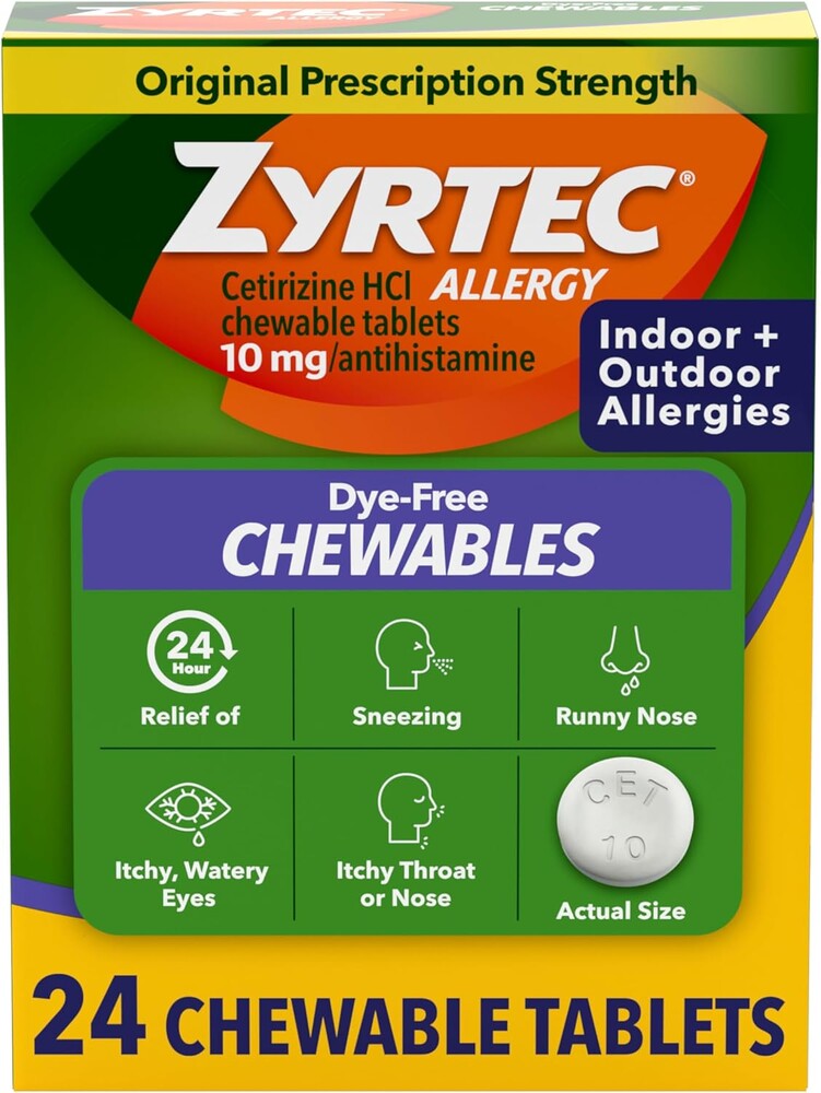 Zyrtec 24 Hour Allergy Relief Chewable Tablets, 10 mg Cetirizine Hydrochloride Antihistamine, Dye-Free Allergy Medicine for Runny Nose, Sneezing, Itchy, Watery Eyes, Indoor & Outdoor Allergies, 24 ct