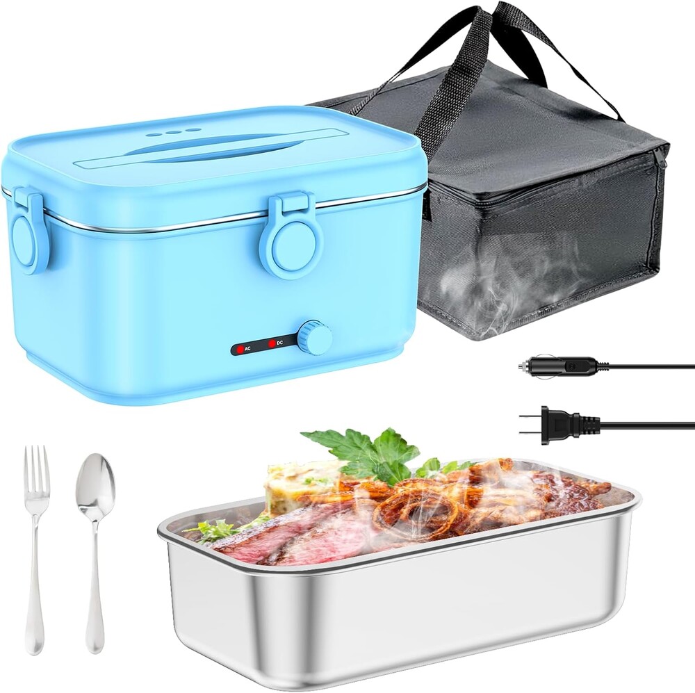 Heated Electric Lunch Box for Adults, 80W Portable Food Warmer with 1.8L Stainless Steel Container, Utensils, Carry Bag & Leakproof Lid, 12V/24V Car/Truck & 110/120V Home/Office (Light Blue)