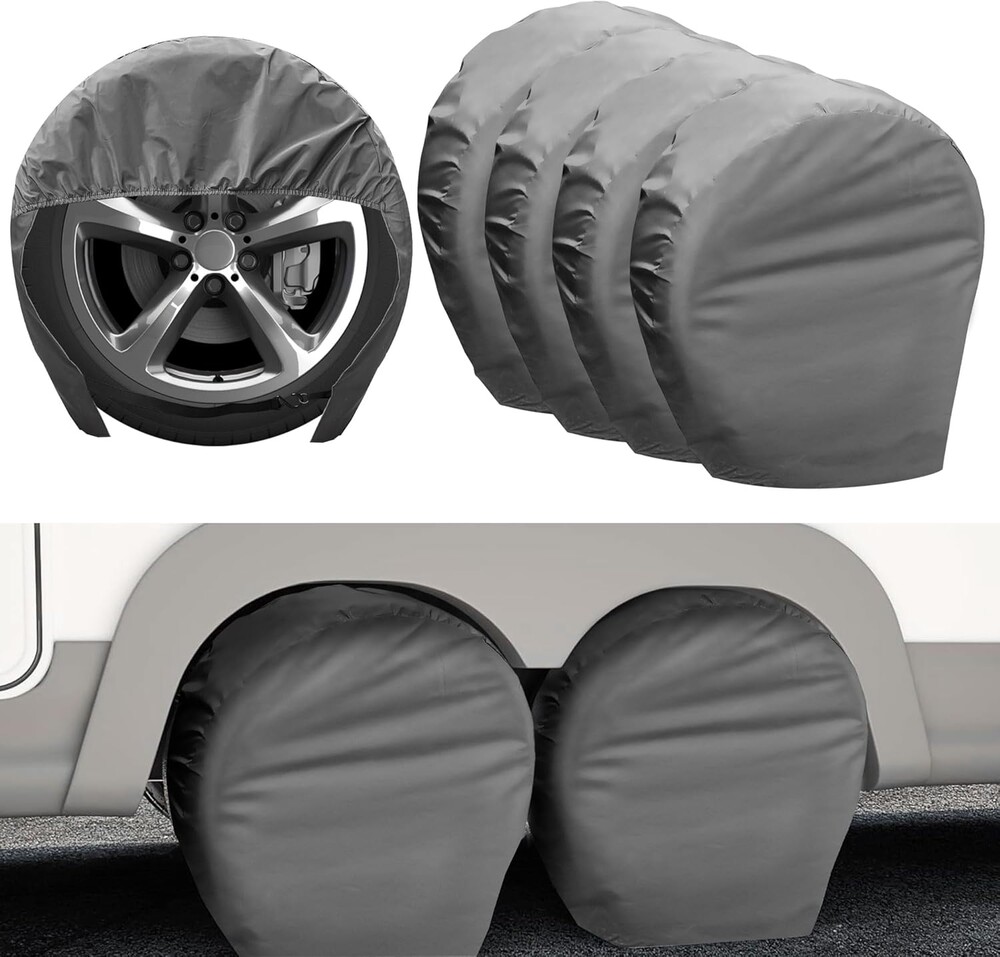 Camper Tire Covers 4 Pack, RV Trailer Wheel Tire Cover Travel Boat Trailer Tire Covers Accessories for Trucks Storage, SUV, Jeep, Outside Tyre Cover Fits Tire Diameters 27-29 Inches(Gray)