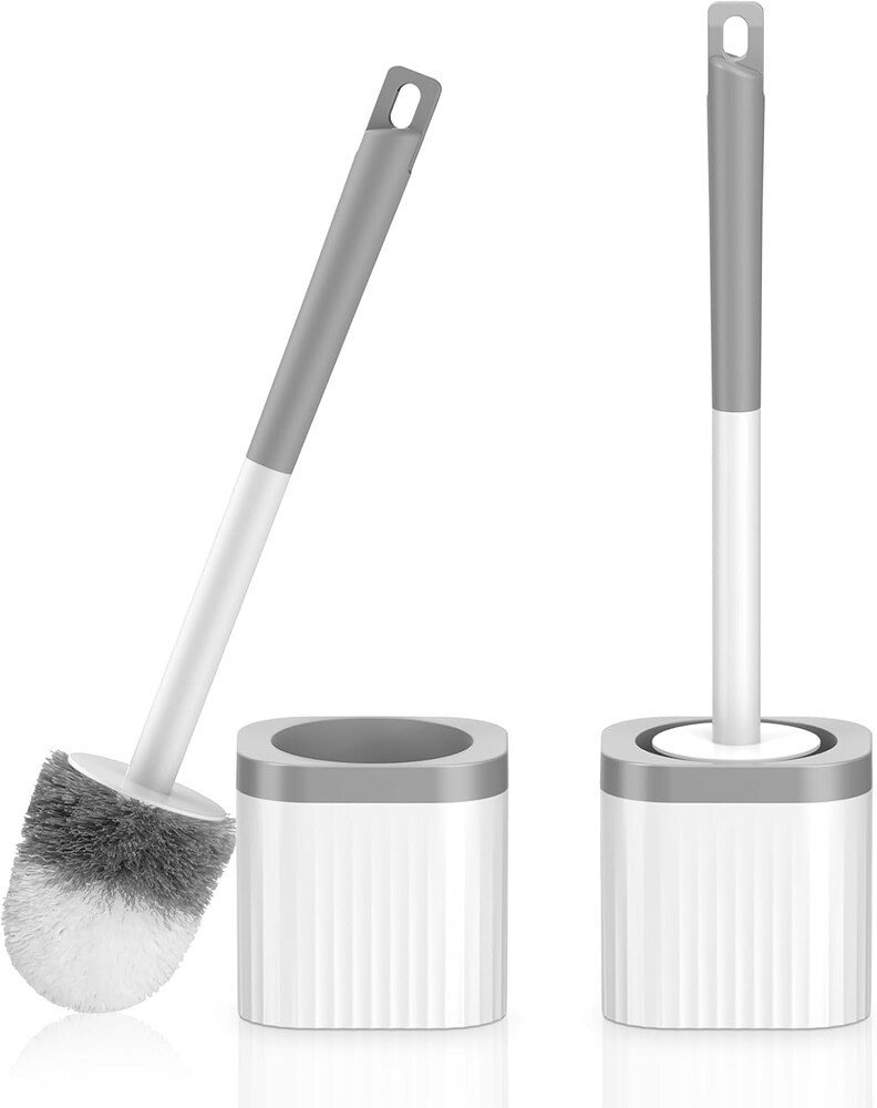 Toilet Brush, 2 Pack Compact Toilet Bowl Brush and Holder Set with Nylon Bristles Toilet Cleaner Brush Hidden Toilet Scrubber Brush for Bathroom Cleaning, Grey & White