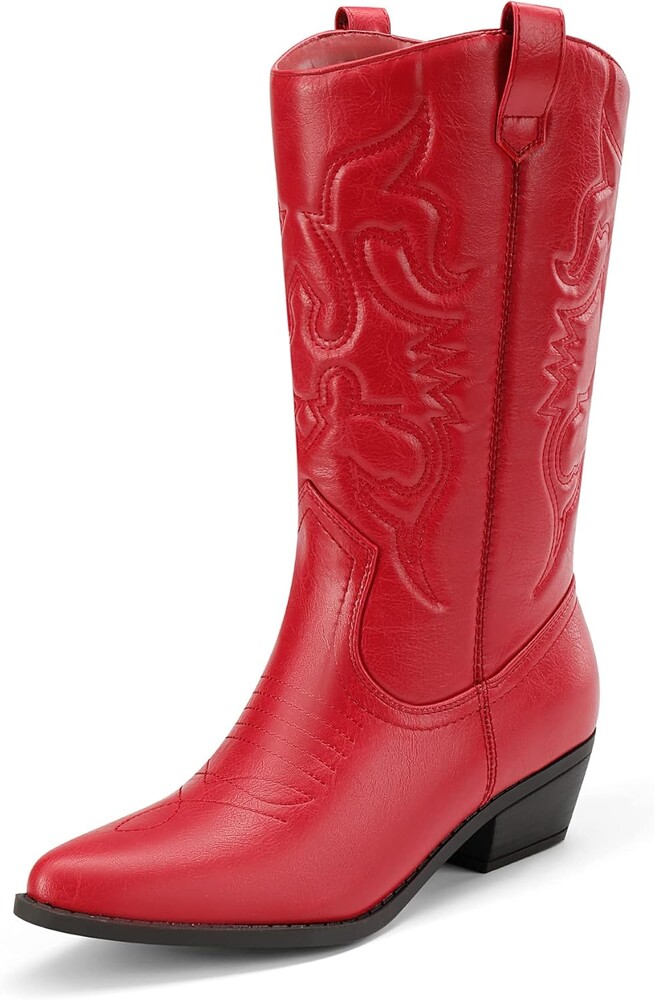 DREAM PAIRS Women's Cowboy Boots Pull On Cowgirl Boots Mid Calf Western Boots, Available in Regular and Wide Calf