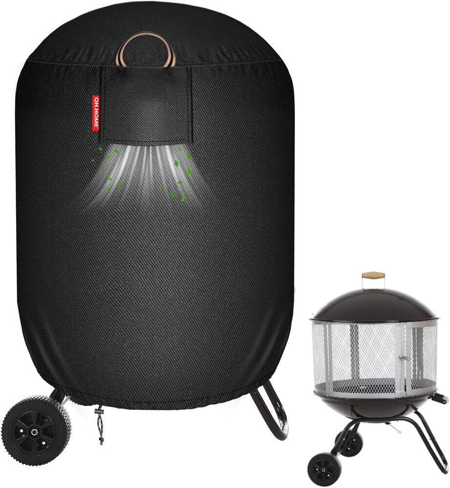 [2026 Upgraded 900D Fabric] Tall Fire Pit Cover Round for Firesense 01471 Fire Pit, 30"D x 44"H Wood Burning Chiminea Cover, 900D Heavy Duty Waterproof Fabric Charcoal Kettle Grill Cover-Black